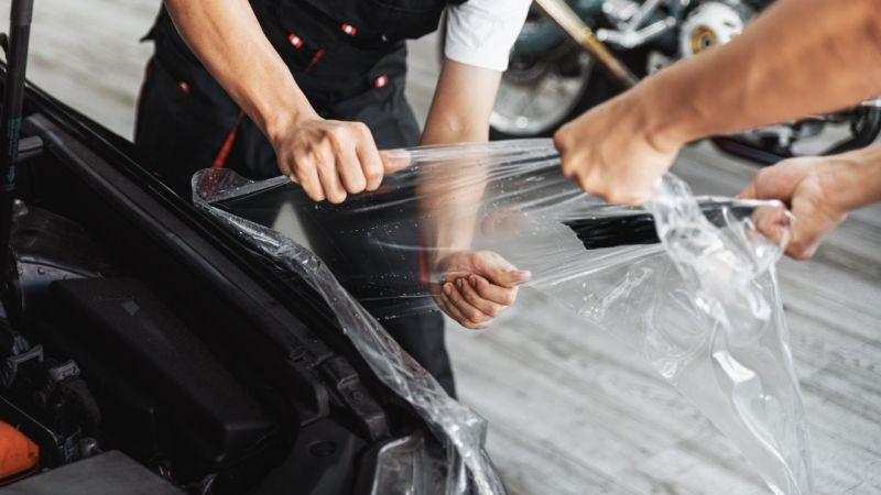 專業施工人員正在拉伸透明的汽車防護膜(犀牛皮),準備進行車頭部位的包覆施工。