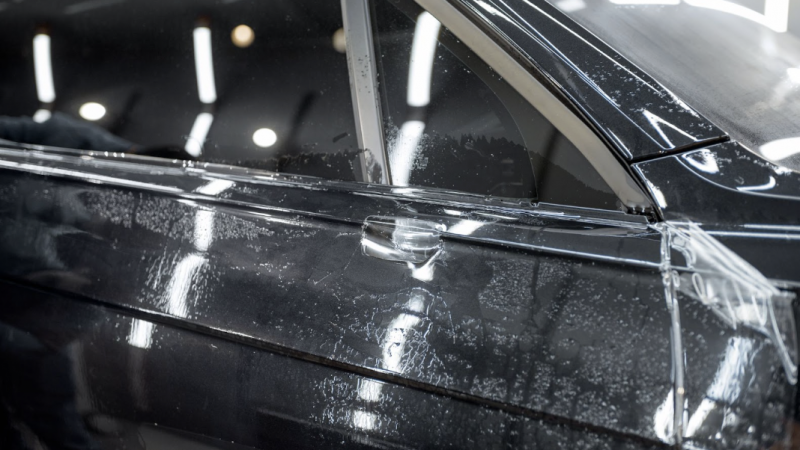 技師正在為黑色車輛側面車門把手上方區域進行透明犀牛皮保護膜施工。